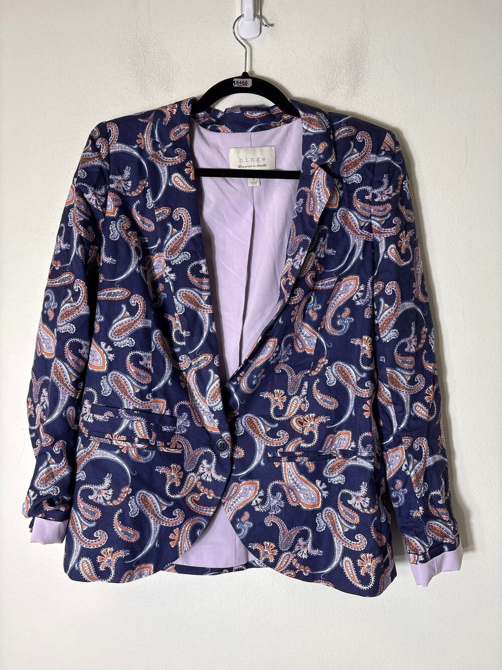 Hinge Navy Blue Orange Paisley One Button Long Sleeve Blazer Sz S